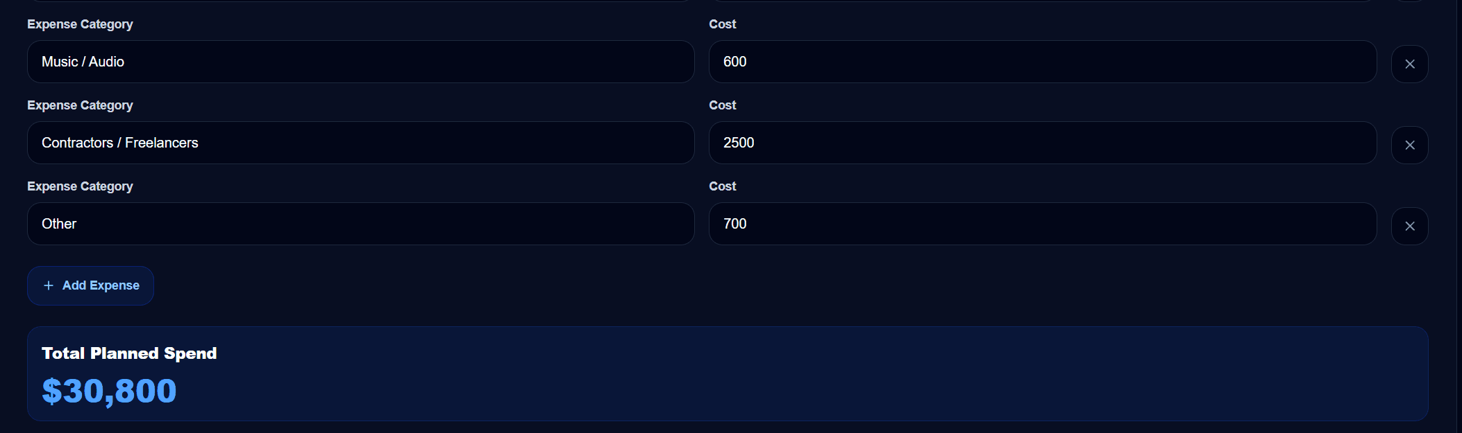 Hollow Metric break-even cost inputs showing planned launch costs and pricing assumptions.